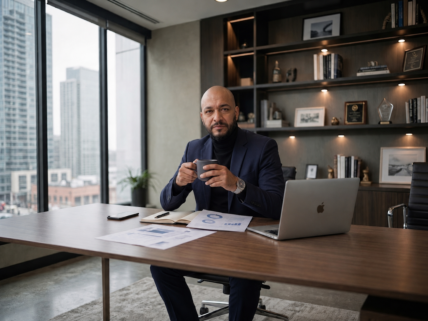 Ahmed Hassan Younes reviewing governance and delivery reports in an executive office